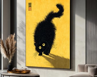 Quadro su tela raffigurante un gatto nero curioso, illustrazione felina, opera d'arte raffigurante un gatto dagli occhi gialli, dipinto di un gatto giocoso, decorazione moderna su tela raffigurante un animale, regalo divertente.