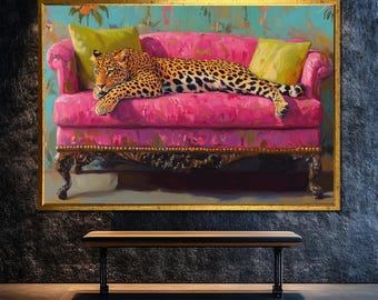 Leopard on Pink Sofa Canvas Painting, Bold Animal Wall Art, Colorful Modern Jungle Decor for Living Room, Unique Gift for Home