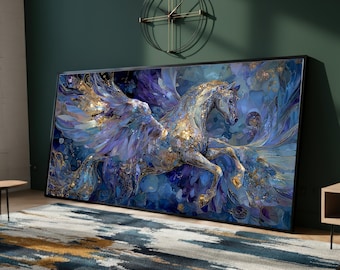 Majestic Pegasus Canvas Wall Art, Fantasy Winged Horse Illustration, Blue and Gold Abstract Canvas, Mythical Creature Decor, Ready to Hang