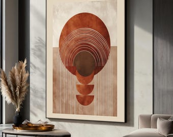 Halverwege de eeuw geometrisch canvas schilderij met aardetinten, abstracte muurkunst voor modern interieur, minimalistisch design, chique kunstcadeau