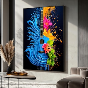 Colorful Guitar Canvas Painting with Tropical Flowers and Water Splash, Vibrant Wall Art, Gift for Music Lovers, Modern Home Decor