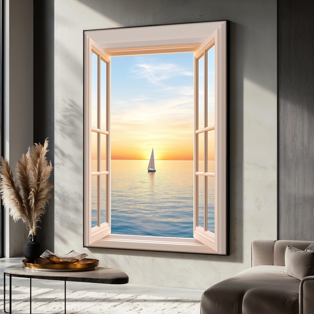 Fake Window Canvas Painting, Ocean Sunset Wall Art, Sailing Boat Canvas ...
