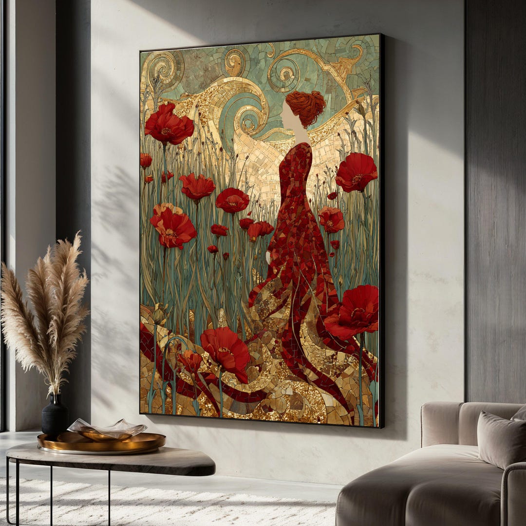 Gustav Klimt Woman in Red Dress Canvas, Mosaic Floral Wall Art, Poppy ...