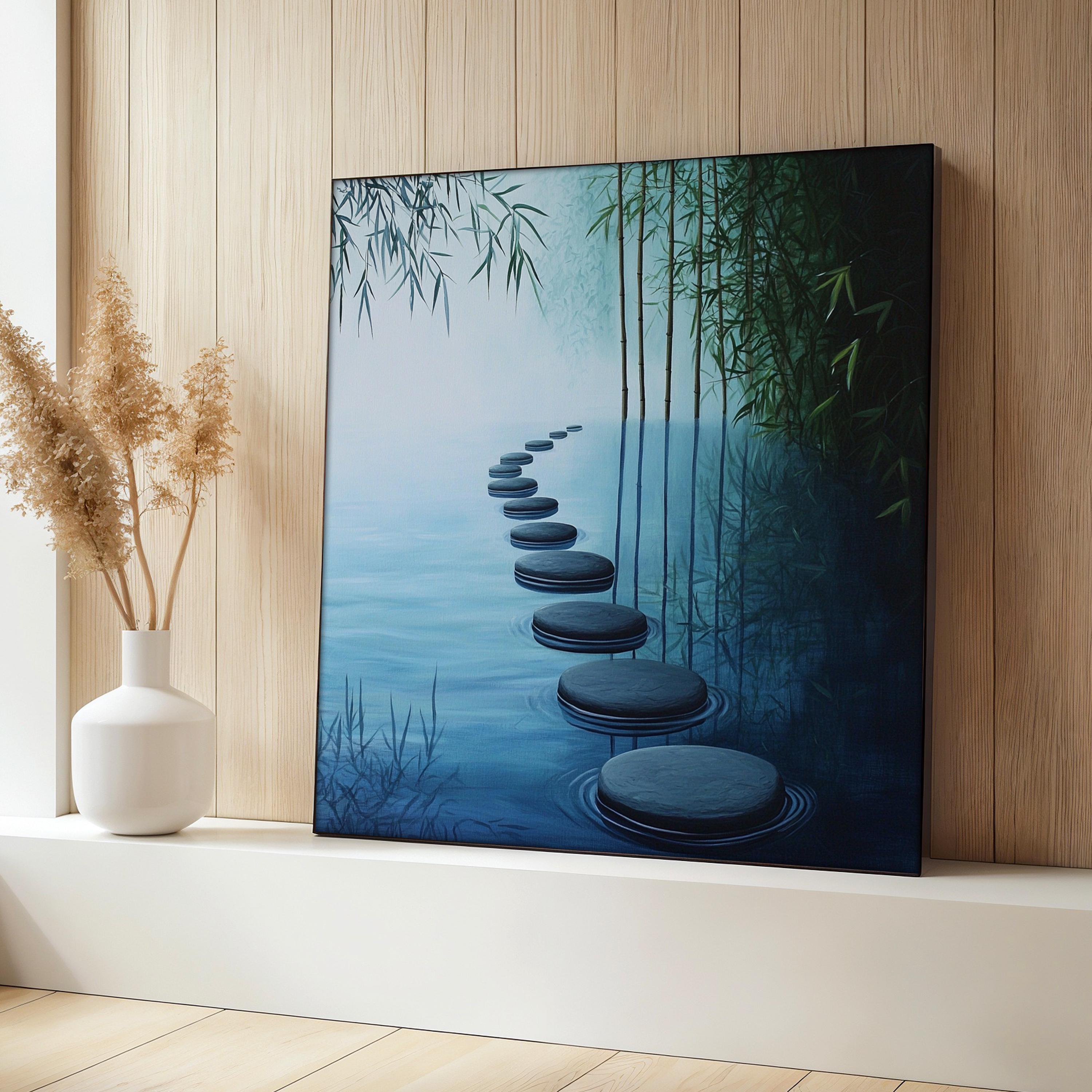 Blue Zen Pathway Canvas Painting, Bamboo and Water Wall Art, Yoga