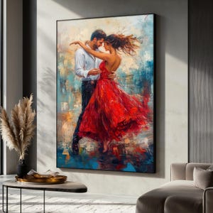 Romantic Couple Dance Canvas Painting, Passionate Red Dress Wall Art, Living Room Decor, Modern Love Artwork, Romantic Wall Print, Gift Idea
