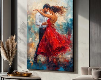 Romantic Couple Dance Canvas Painting, Passionate Red Dress Wall Art, Living Room Decor, Modern Love Artwork, Romantic Wall Print, Gift Idea