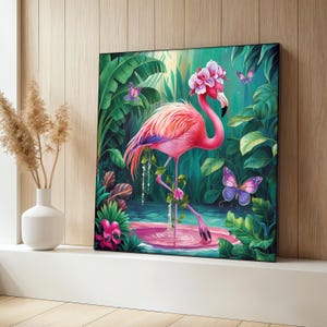 Pink Flamingo Canvas Painting, Tropical Bird Wall Art, Jungle Flowers Decor, Butterfly Artwork, Living Room Decor, Exotic Nature Art Gift