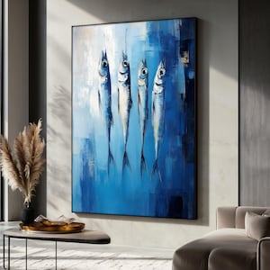 Blue Fish Canvas Painting, Abstract Ocean Wall Art, Coastal Kitchen Decor, Modern Sea Life Artwork, Nautical Poster, Abstract Art, Gift Idea