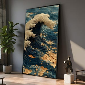 Abstract Ocean Wave Canvas, Blue and Gold Wall Art, Modern Nautical Canvas, Coastal Home Decor, Wave Pattern Canvas Print
