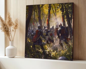 Medieval Knight Battle Scene Canvas, Fantasy Forest War Art, Historical Armor Wall Decor, Epic Warrior Fight Print, Ready to Hang Art Gift