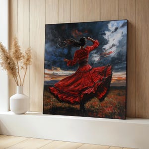 Vrouw in rode jurk dansen in het veld bij zonsondergang canvas schilderij, dramatische lucht kunst aan de muur, decor danser, emotioneel interieur, cadeau voor haar