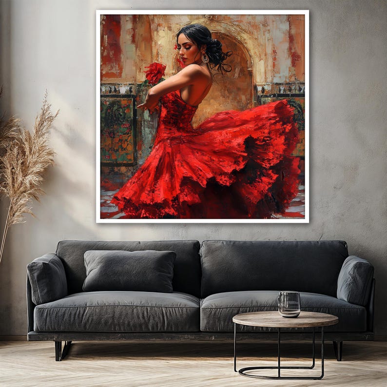 May include: A painting of a woman in a red dress dancing. The woman is wearing a flower in her hair and has a serious expression on her face. The background is a blurry image of a building.