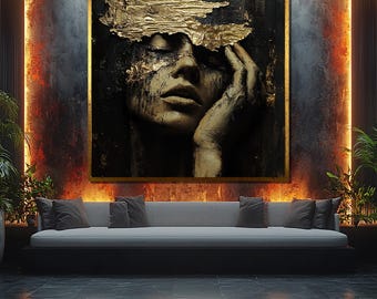 Woman Face Canvas Painting with Gold Leaf and Dark Tones – Emotional Abstract Wall Art for Modern Decor or Gift Idea