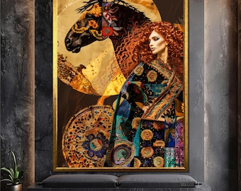 Stunning Woman with Horse Canvas Art, Bold and Colorful Bohemian Wall Decor, Vibrant Artwork, Ready to Hang, Unique Home Decor Piece