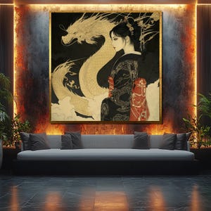 Japanese Woman and Dragon Canvas Painting – Elegant Geisha in Black Kimono with Mythical Creature Wall Art for Oriental Home Décor