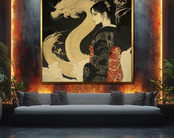 Japanese Woman and Dragon Canvas Painting – Elegant Geisha in Black Kimono with Mythical Creature Wall Art for Oriental Home Décor