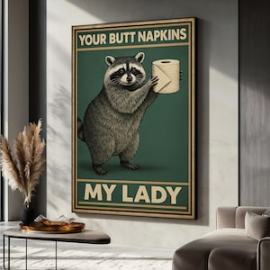 Funny Raccoon Bathroom Art, Toilet Paper Humor Canvas, Rustic Animal Wall Decor, Hilarious Poster For Restroom, Quirky Room Art, Fun Gift