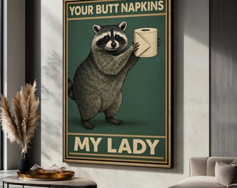 CCWACPP Divertente Stampa per Bagno su Tela Simpatico Procione con Accappatoio Poster Decorazione per Bagno con Animali in Bianco e Nero per WC Toilette incorniciata (30.00 x 45.00 cms