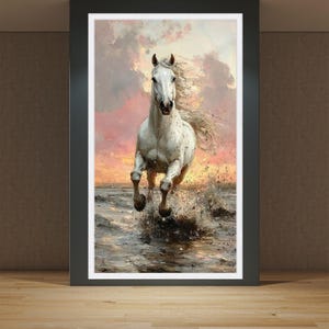Cuadro de caballo blanco, arte mural de semental corriendo, decoración con escena oceánica al atardecer, obra de arte animal poderosa, idea de regalo para amantes de la naturaleza imagen 4