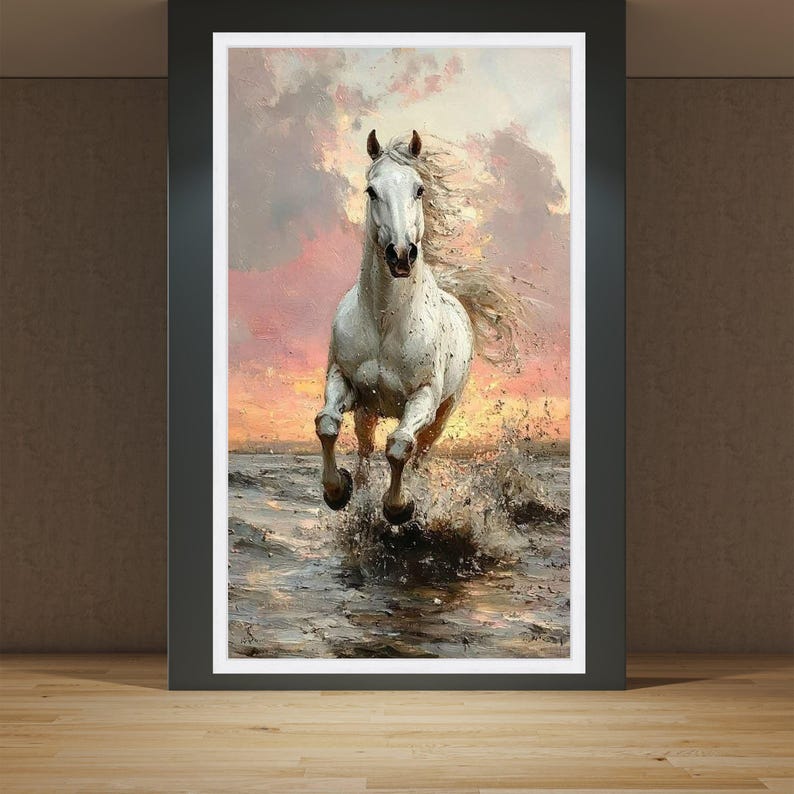 Cuadro de caballo blanco, arte mural de semental corriendo, decoración con escena oceánica al atardecer, obra de arte animal poderosa, idea de regalo para amantes de la naturaleza imagen 4