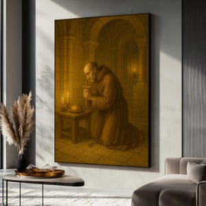 Dipinto su tela "Preghiera prima di un pasto semplice", monaco in un monastero, decorazione murale, regalo cattolico per la casa religiosa