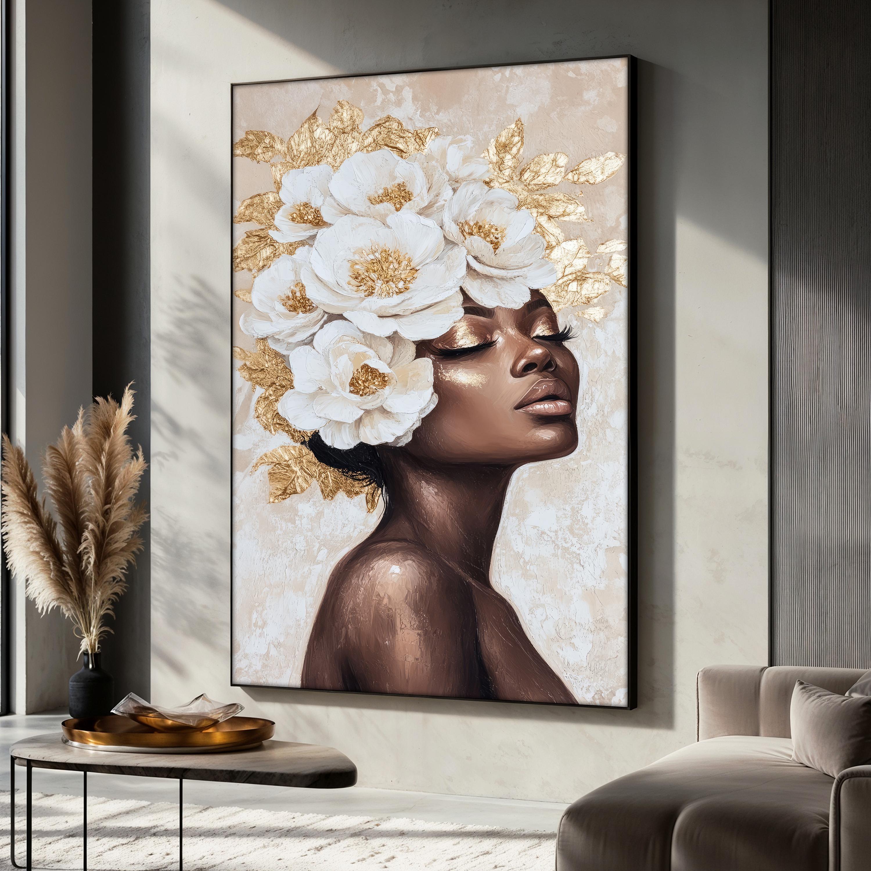 Floral Woman Canvas Painting, Elegant Black Woman Wall Art with White and Gold Flowers, Modern Beauty Portrait, Unique Gift Idea