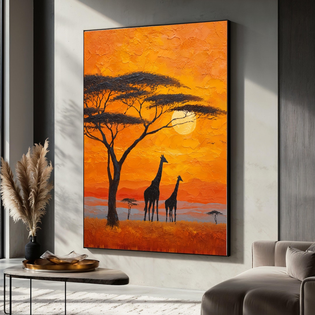 African Sunset Canvas Wall Art, Giraffe Silhouette Painting, Savanna ...