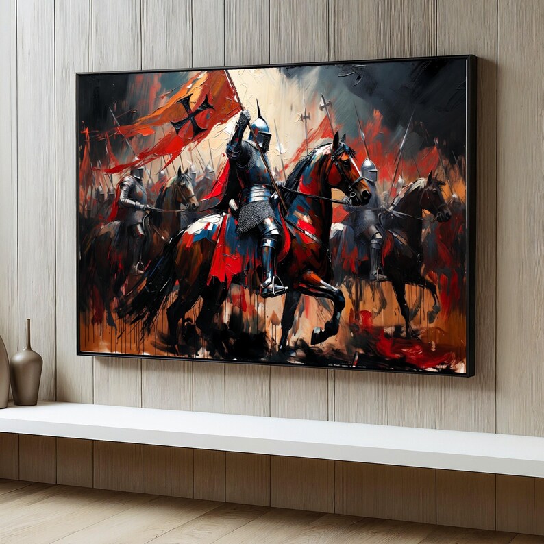 Medieval Knight Battle Scene Canvas, Armor Warrior Horseback Painting ...