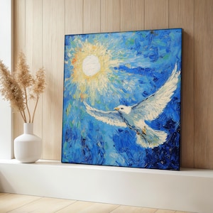 Spiritual Dove Canvas Painting, Blue Wall Art With Sunlight, Peace Bird Artwork, Faith Symbol Decor, Uplifting Religious Gift