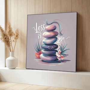 Less Is Zen Canvas Painting, Minimalist Stone Wall Art, Calm Spa Decor With Quote, Yoga Room Decor, Tranquil Zen Artwork, Peaceful Gift Idea