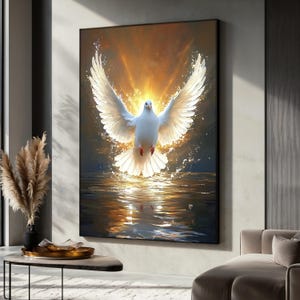 Holy Spirit Dove Canvas Painting, Christian Religious Wall Art, White Dove with Glowing Wings, Spiritual Art Gift, Inspirational Decor