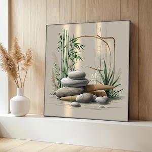 Zen Bamboo Canvas Painting, Japanese Spa Wall Art, Minimalist Stone Artwork, Calm Nature Decor, Tranquil Gift For Home, Zen Decor