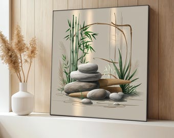 May include: A square canvas print with a beige background featuring a stack of gray stones, green bamboo stalks, and green leafy plants. The print has a modern minimalist style.