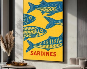 Sardines Canvas Painting, Retro Pop Art Wall Decor, Retro Fish Canvas, Modern Home Decor, Sardines Poster, Bold Kitchen Art, Unique Art Gift