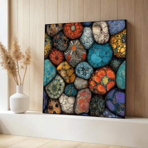 May include: A square canvas print showing a close-up of a collection of colourful, patterned stones. The stones are in shades of blue, orange, yellow, and red, with intricate designs. The artwork is displayed on a white shelf against a light wood-panelled wall.