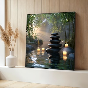 Zen Candlelight Canvas Painting, Tranquil Bamboo And Stones Wall Art, Spa Nature Decor, Zen Stone Poster, Gift For Her, Yoga Room Decor