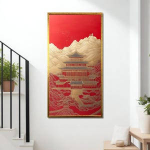 Japanese Temple Canvas Painting with Red and Gold Tones, Traditional Asian Wall Art, Zen Home Decor, Cultural Gift for Him or Her