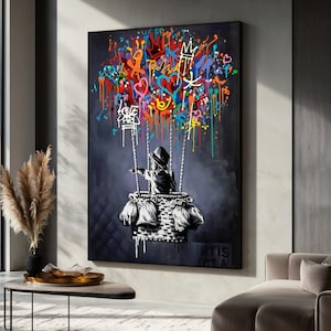 Banksy Balloon Canvas Painting, Urban Street Art Print, Colorful Graffiti Wall Art, Large Canvas Decor, Modern Pop Art, Perfect Gift