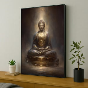 Zen Buddha Canvas Painting, Radiant Golden Spiritual Wall Decor, Peaceful Meditation Art, Calming Energy for Home, Buddha Art, Perfect Gift