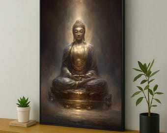 Zen Buddha Canvas Painting, Radiant Golden Spiritual Wall Decor, Peaceful Meditation Art, Calming Energy for Home, Buddha Art, Perfect Gift