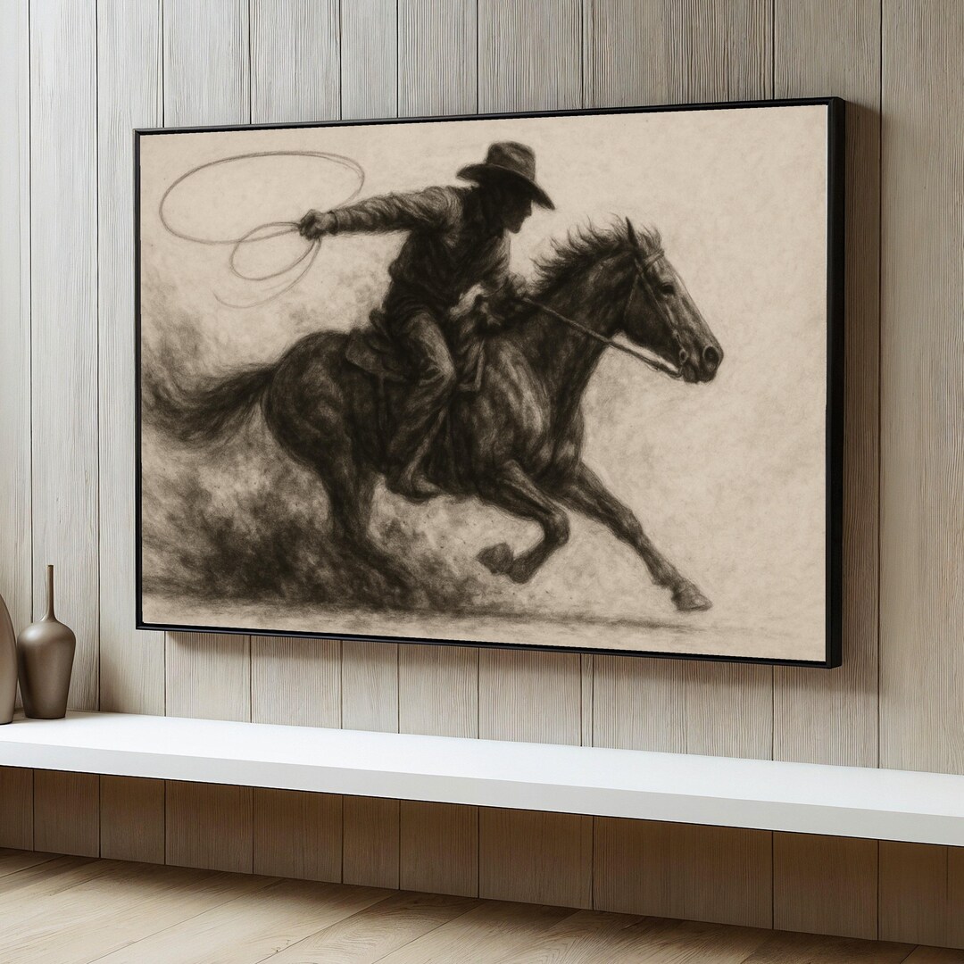 Western Cowboy Canvas Painting, Monochrome Horse Rider Wall Art With ...