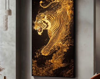 Dipinto su tela raffigurante una tigre dorata, audace opera d'arte murale ispirata alla giungla, potente decorazione con animali, complemento d'arredo in stile asiatico, sorprendente opera d'arte raffigurante una tigre, regalo perfetto