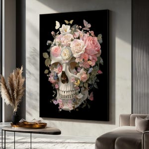 Floral Skull Canvas Painting, Dark Romantic Wall Art with Roses and Butterflies, Gothic Botanical Decor for Bedroom or Studio, Gift Idea