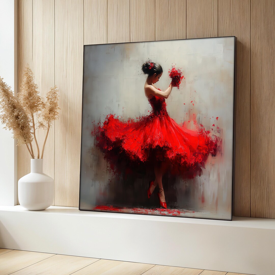 Elegant Ballerina in Red Dress Canvas Painting, Modern Dance Wall Art ...