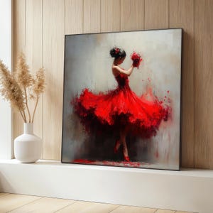 Elegante ballerina in rode jurk canvas schilderij, moderne dans kunst aan de muur, sierlijke vrouw kunst decor, cadeau idee balletliefhebber, chique interieur