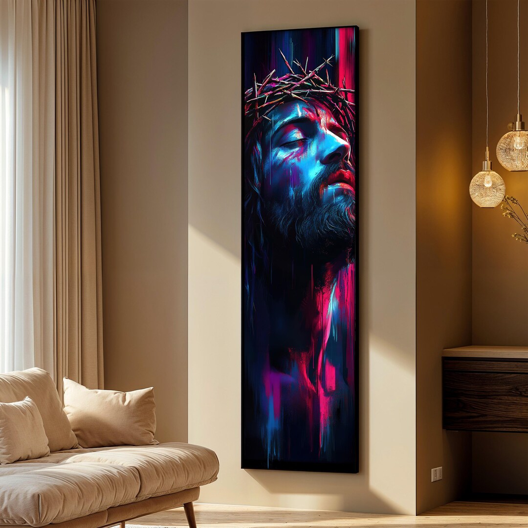 Jesus Crown of Thorns Canvas Painting, Tall Neon Christian Wall Art ...