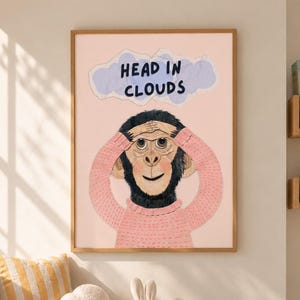 Arte mural de chimpancé, lámina infantil "Cabeza en las nubes", arte de mono adorable, decoración para sala de juegos, arte mural para aula, lámina imprimible para habitación infantil, descarga digital