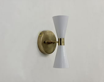Mid Century Italian Brass Wall Sconce lamp , Vintage White Double Wall Sconce Light Fixture , Antique Brass Cone Wall Lighting Fixture