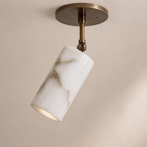 Op de afbeelding: Een aan het plafond gemonteerde spot. De armatuur heeft een cirkelvormige, bronskleurige basis en een cilindrisch licht. Het licht is wit met gouden aderen en is naar beneden gericht. De armatuur is met een bronskleurige staaf aan de basis bevestigd.