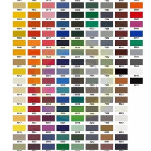 May include: A color chart featuring a grid of paint swatches, each with a unique code. The swatches display a wide range of colors, including yellows, reds, blues, greens, and neutrals. The codes are printed above each color sample.